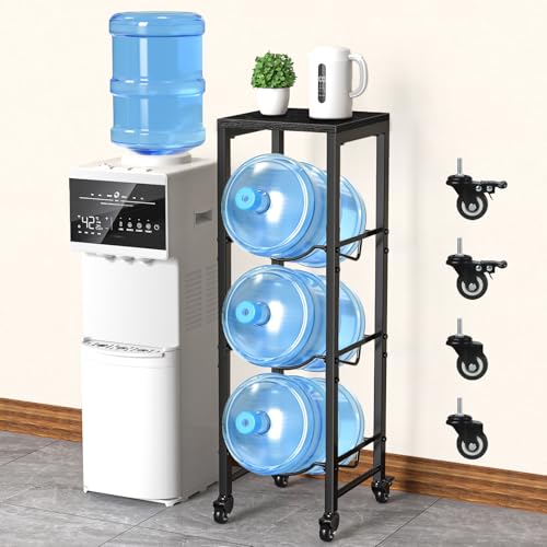 5 Gallon Water Bottle Jug Holder 3Tier Organizer with Lockable Casters Heavy Duty Storage Rack Dispenser Stand With Wood Top Shelf for Kitchen Office Garage Black