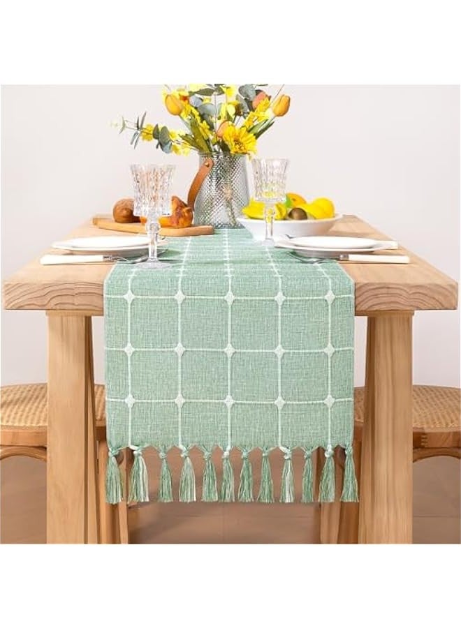 Farmhouse Table Runner 60 inches Macrame Plaid Coffee Table Runner Cotton Rustic Fall Thanksgiving Table Runner with Tassels for Boho Home Decor Dining Living Room 13x60 inches Emerald Green - Image 1