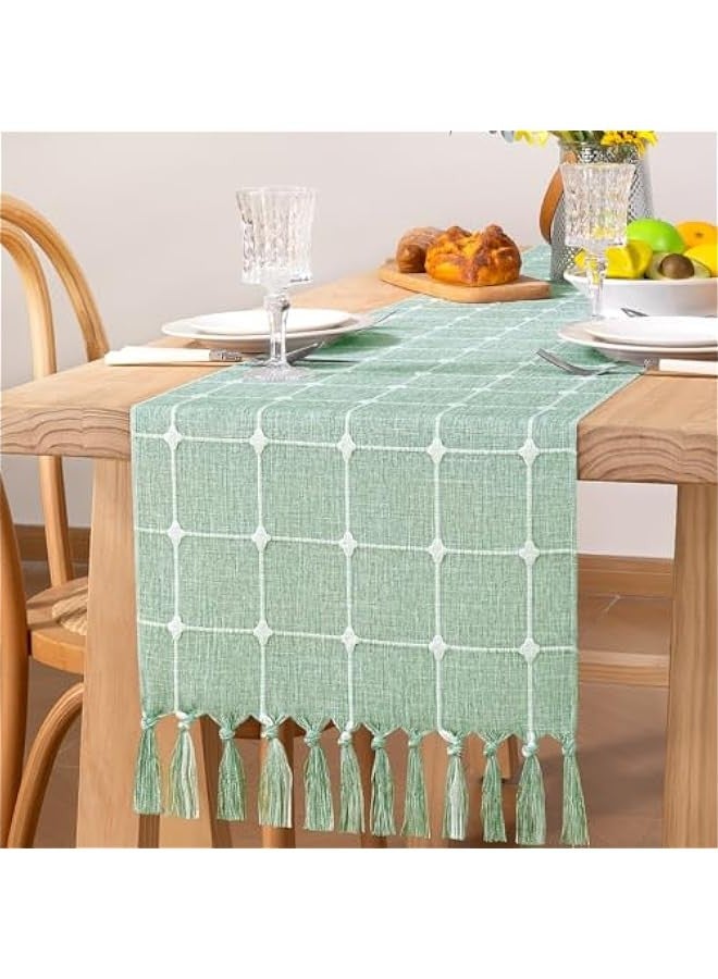 Farmhouse Table Runner 60 inches Macrame Plaid Coffee Table Runner Cotton Rustic Fall Thanksgiving Table Runner with Tassels for Boho Home Decor Dining Living Room 13x60 inches Emerald Green - Image 2
