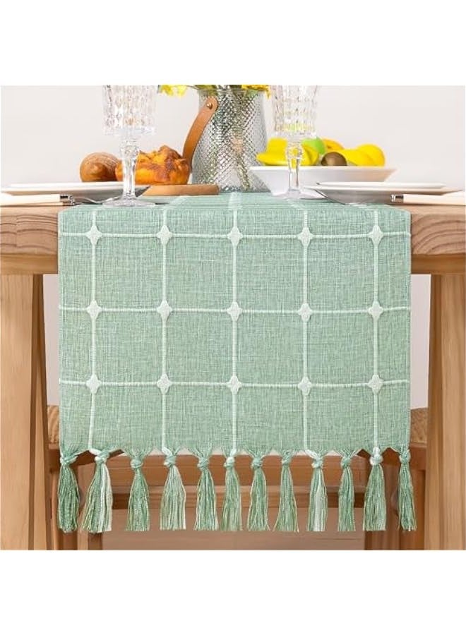 Farmhouse Table Runner 60 inches Macrame Plaid Coffee Table Runner Cotton Rustic Fall Thanksgiving Table Runner with Tassels for Boho Home Decor Dining Living Room 13x60 inches Emerald Green - Image 3