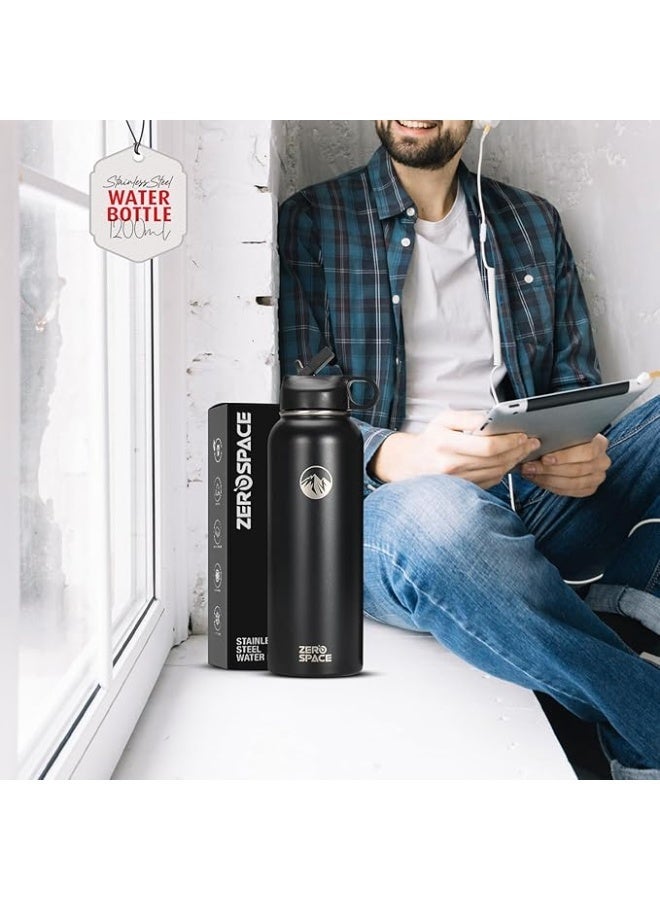 زيروسبيس زجاجة مياه معزولة بجدار مزدوج من الستانلس ستيل 18/8 مع ماصة للاطفال مع 3 اغطية متضمنة، زجاجة رياضية خالية من BPA من زيرو سبيس (40 اونصة - اسود) - Image 2