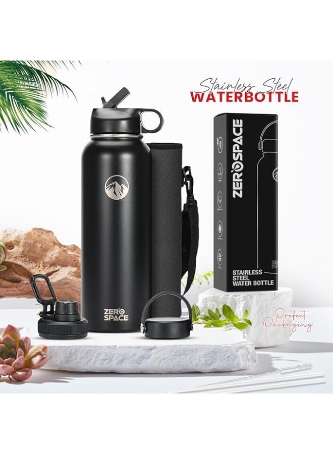 زيروسبيس زجاجة مياه معزولة بجدار مزدوج من الستانلس ستيل 18/8 مع ماصة للاطفال مع 3 اغطية متضمنة، زجاجة رياضية خالية من BPA من زيرو سبيس (40 اونصة - اسود) - Image 5