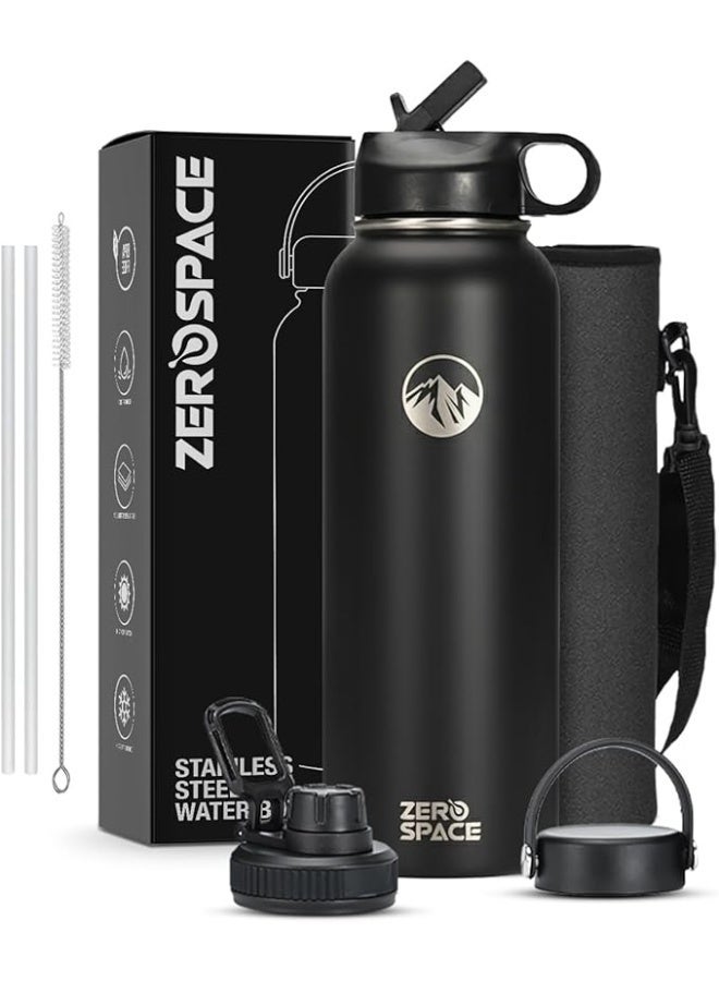 زيروسبيس زجاجة مياه معزولة بجدار مزدوج من الستانلس ستيل 18/8 مع ماصة للاطفال مع 3 اغطية متضمنة، زجاجة رياضية خالية من BPA من زيرو سبيس (40 اونصة - اسود) - Image 1
