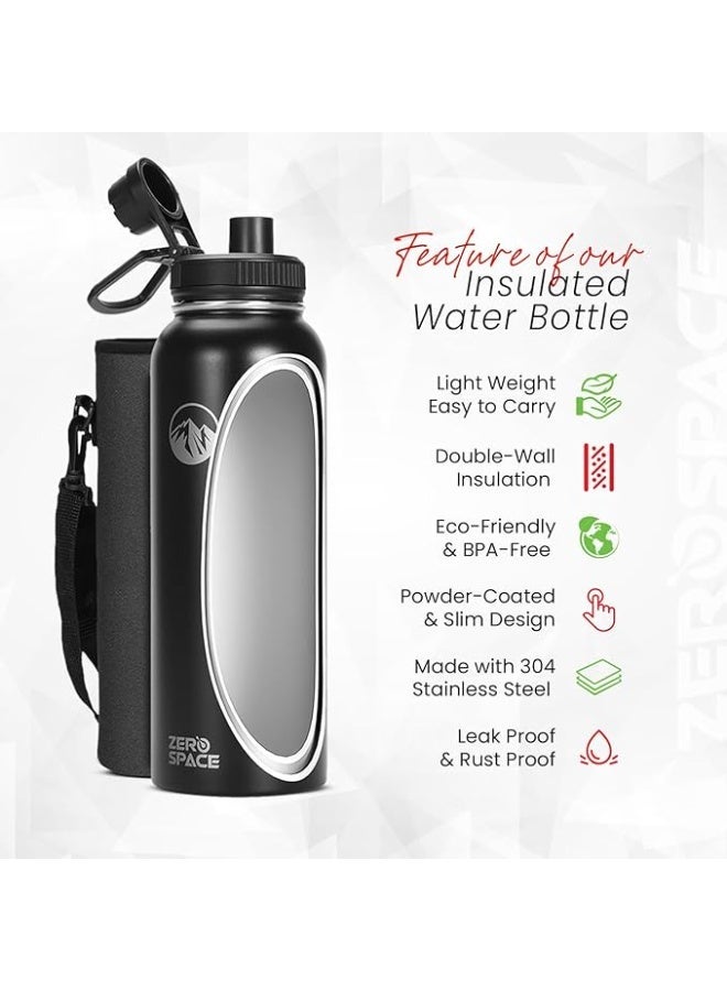 زيروسبيس زجاجة مياه معزولة بجدار مزدوج من الستانلس ستيل 18/8 مع ماصة للاطفال مع 3 اغطية متضمنة، زجاجة رياضية خالية من BPA من زيرو سبيس (40 اونصة - اسود) - Image 3