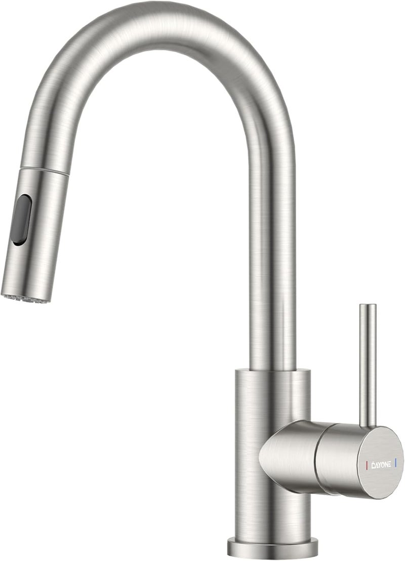 DAYONE Bar Sink Faucet for Kitchen Faucet with Pull Down Sprayer, Modern Single Handle Stainless Steel RV Sink Faucet, Brushed Nickel - Image 1