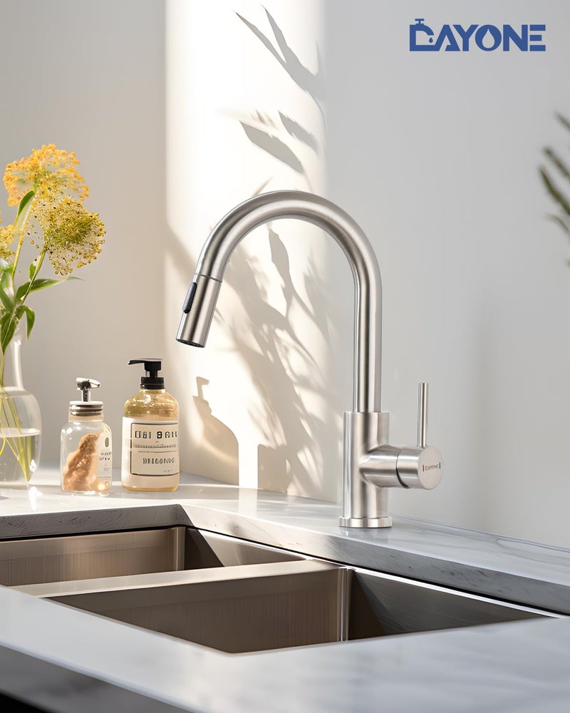 DAYONE Bar Sink Faucet for Kitchen Faucet with Pull Down Sprayer, Modern Single Handle Stainless Steel RV Sink Faucet, Brushed Nickel - Image 2