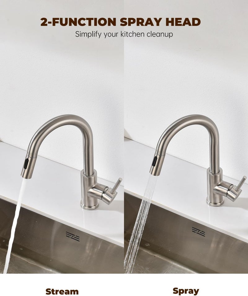 DAYONE Bar Sink Faucet for Kitchen Faucet with Pull Down Sprayer, Modern Single Handle Stainless Steel RV Sink Faucet, Brushed Nickel - Image 3