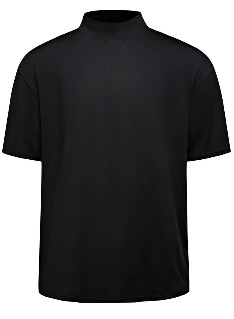 تيشيرت رجالي أسود برقبة عالية وأكمام قصيرة، بتصميم فضفاض غير رسمي - Image 4