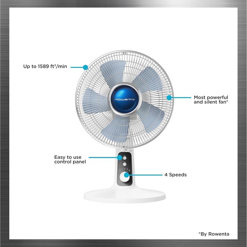 Rowenta Rowenta Desk Fan Turbo Silence Table Fan 12 Inches Ultra Quiet Fan for Bedroom Oscillating Portable 4 Speeds Manual Turn Dial White Indoor VU2730  - Image 4