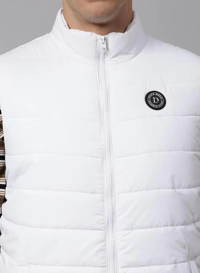 Dennis Lingo White Regular Fit Men's Solid Mock Neck Sleeveless Polyester Jacket with Zipper Closure