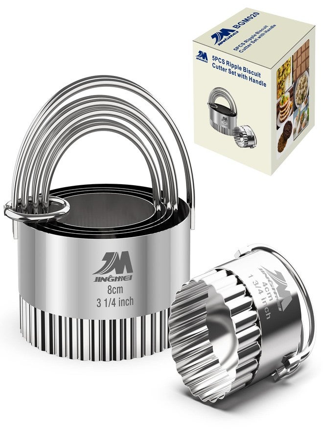 M JINGMEI Fluted cookie cutter Set 1.75inch 2inch 2.25inch 2.75inch 3.25inch, Stainless Steel Round Biscuit Cutters with Handle, Wave Cookies Cutter with Fluted Edge, Baking Dough Tools, 5pcs GIFT - Image 1
