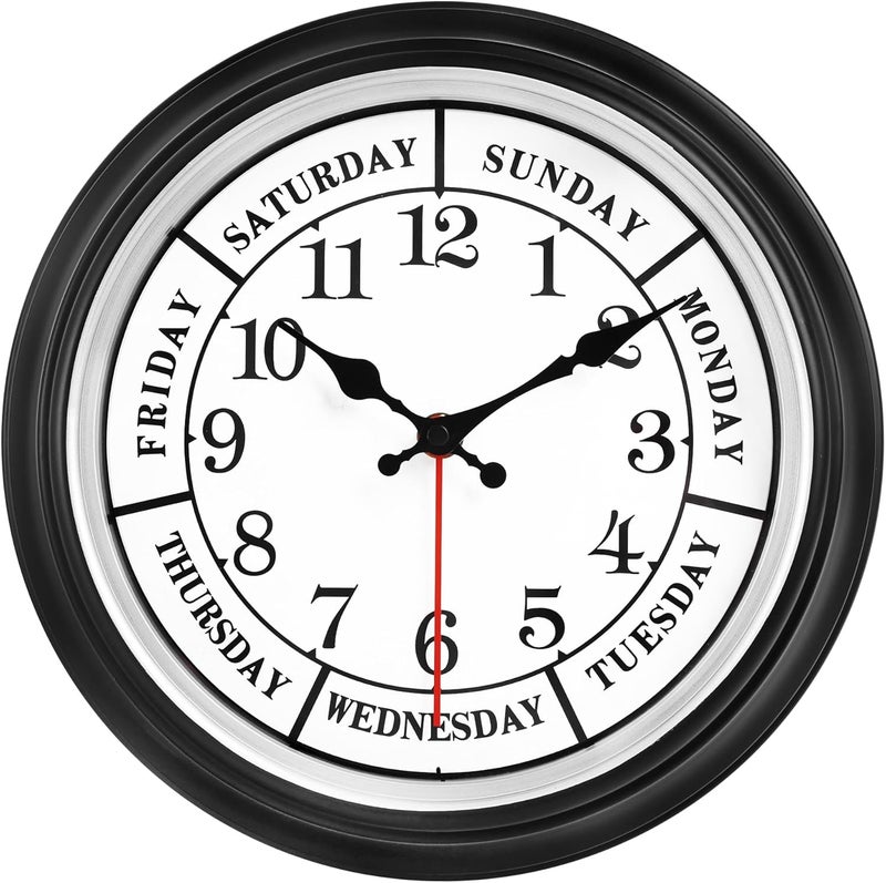45MinST 12 Inches Retro Wall Clock,Day of The Week Wall Clock,Calendar Day Clock,Silent Non Ticking Battery Operated Movement(Silver) - Image 1