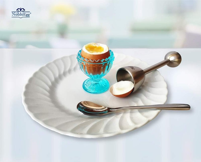 NobleEgg Glass Egg Cups for Soft Boiled Eggs | Egg Spoons | Vintage Style | Pink, Blue, 2 - Image 2