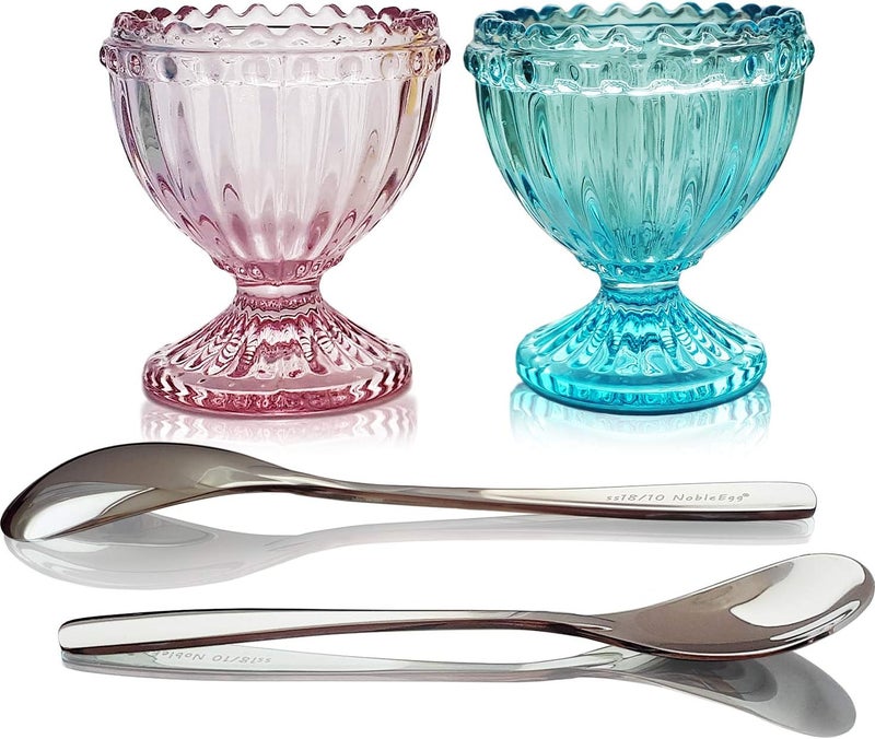 NobleEgg Glass Egg Cups for Soft Boiled Eggs | Egg Spoons | Vintage Style | Pink, Blue, 2 - Image 1