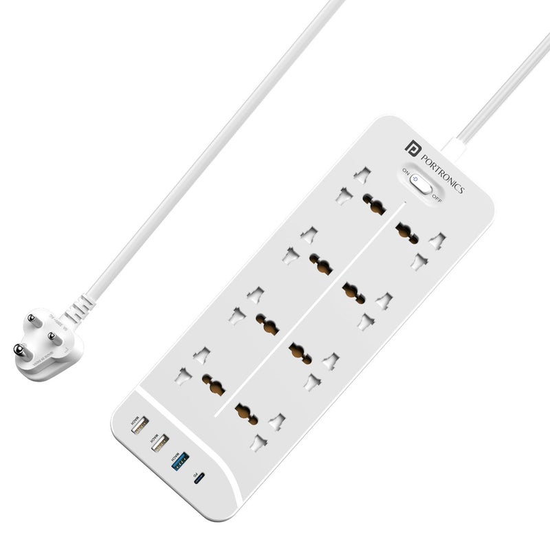 Portronics Portronics Power Plate 23 Extension Board with 20W TypeC PD Charging 8 Universal Sockets 3 USB Ports 3 Meter Long Cord 2500 Watts Multi Plug for Home Appliances Office White - Image 1