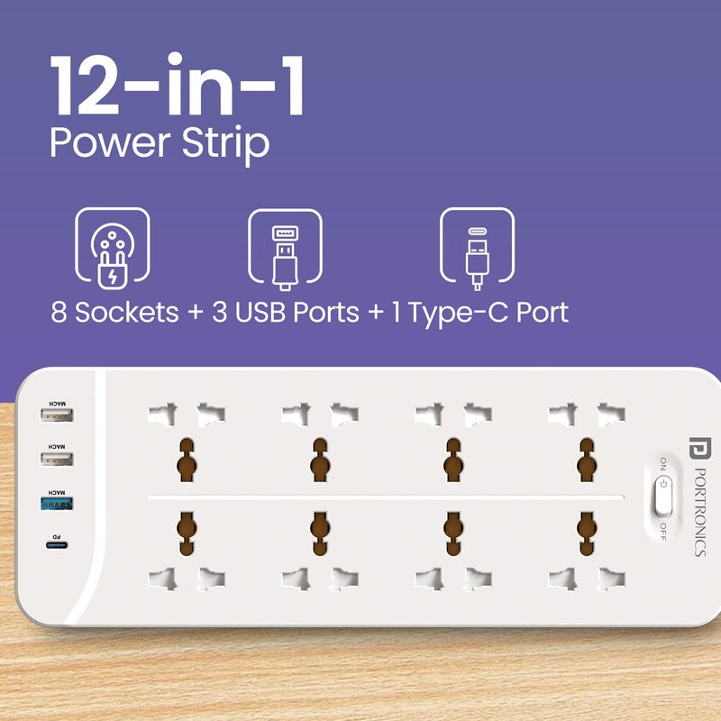 Portronics Portronics Power Plate 23 Extension Board with 20W TypeC PD Charging 8 Universal Sockets 3 USB Ports 3 Meter Long Cord 2500 Watts Multi Plug for Home Appliances Office White - Image 2