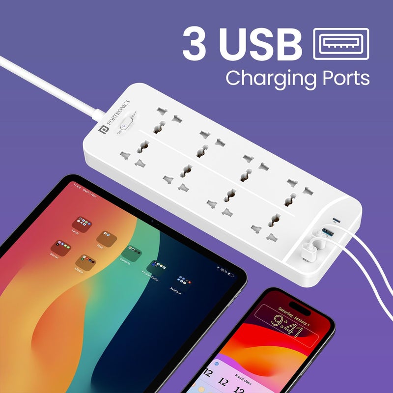 Portronics Portronics Power Plate 23 Extension Board with 20W TypeC PD Charging 8 Universal Sockets 3 USB Ports 3 Meter Long Cord 2500 Watts Multi Plug for Home Appliances Office White - Image 4