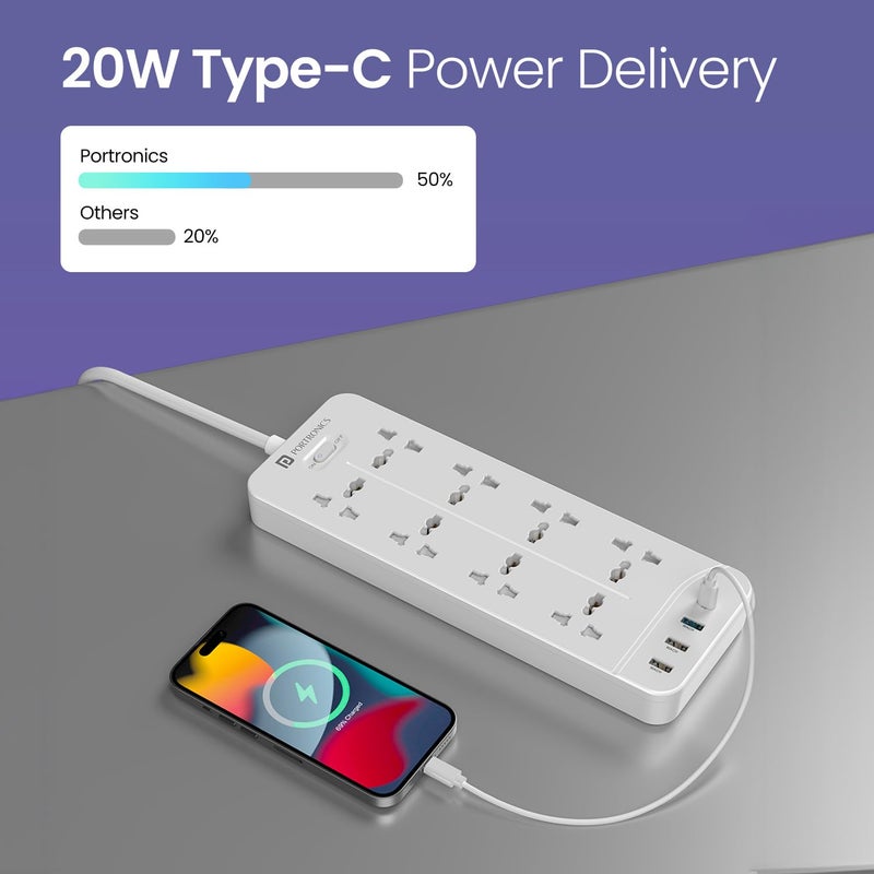 Portronics Portronics Power Plate 23 Extension Board with 20W TypeC PD Charging 8 Universal Sockets 3 USB Ports 3 Meter Long Cord 2500 Watts Multi Plug for Home Appliances Office White - Image 3