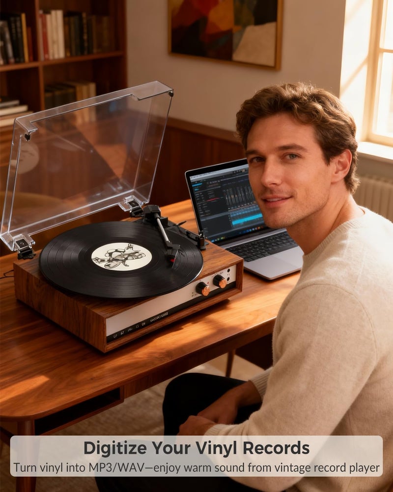 TANLANIN Vintage Vinyl Record Player with Bluetooth, 3-Speed Belt Drive Turntable with External Speakers, Vinyl to PC Recording, RCA Output, AUX in & Headphone Jack, Vintage Walnut - Image 3