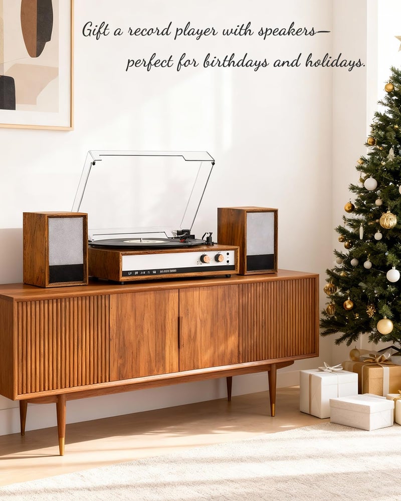 TANLANIN Vintage Vinyl Record Player with Bluetooth, 3-Speed Belt Drive Turntable with External Speakers, Vinyl to PC Recording, RCA Output, AUX in & Headphone Jack, Vintage Walnut - Image 5