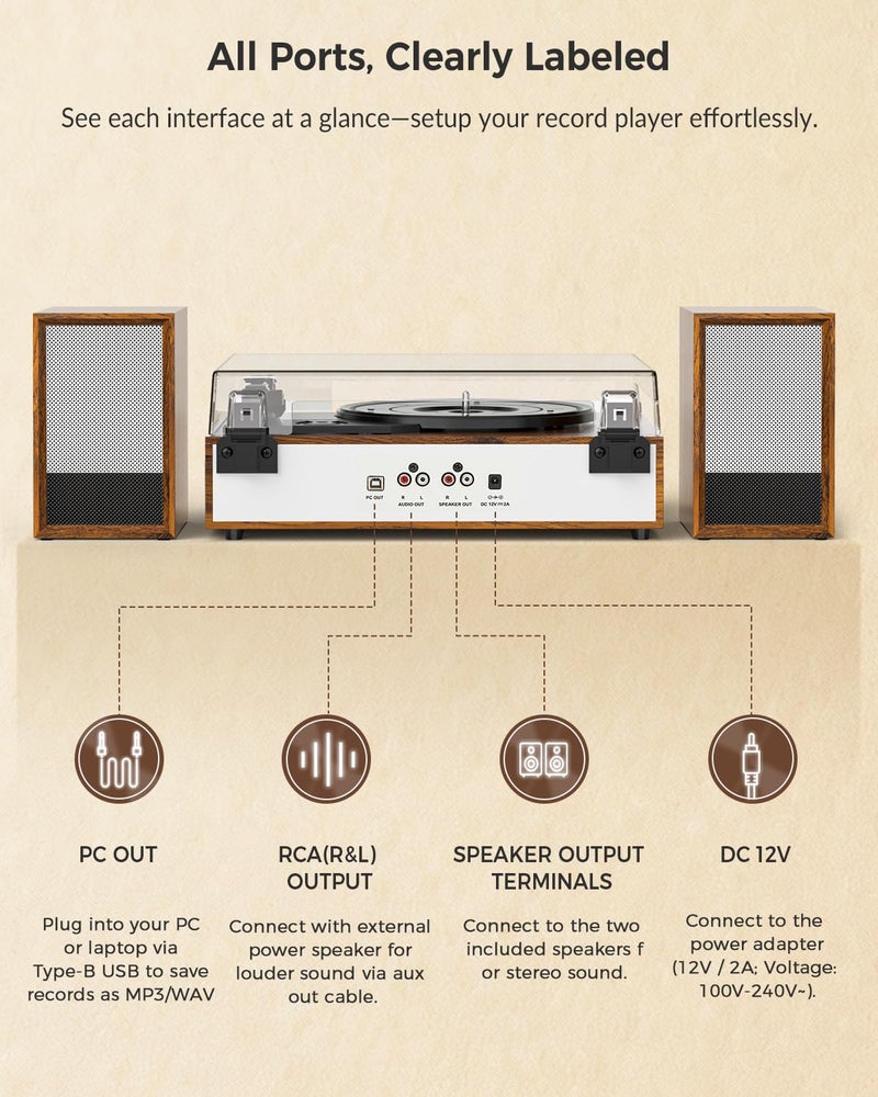 TANLANIN Vintage Vinyl Record Player with Bluetooth, 3-Speed Belt Drive Turntable with External Speakers, Vinyl to PC Recording, RCA Output, AUX in & Headphone Jack, Vintage Walnut - Image 2