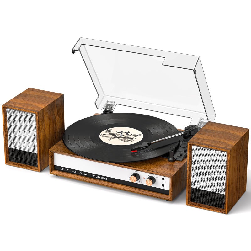 TANLANIN Vintage Vinyl Record Player with Bluetooth, 3-Speed Belt Drive Turntable with External Speakers, Vinyl to PC Recording, RCA Output, AUX in & Headphone Jack, Vintage Walnut - Image 1