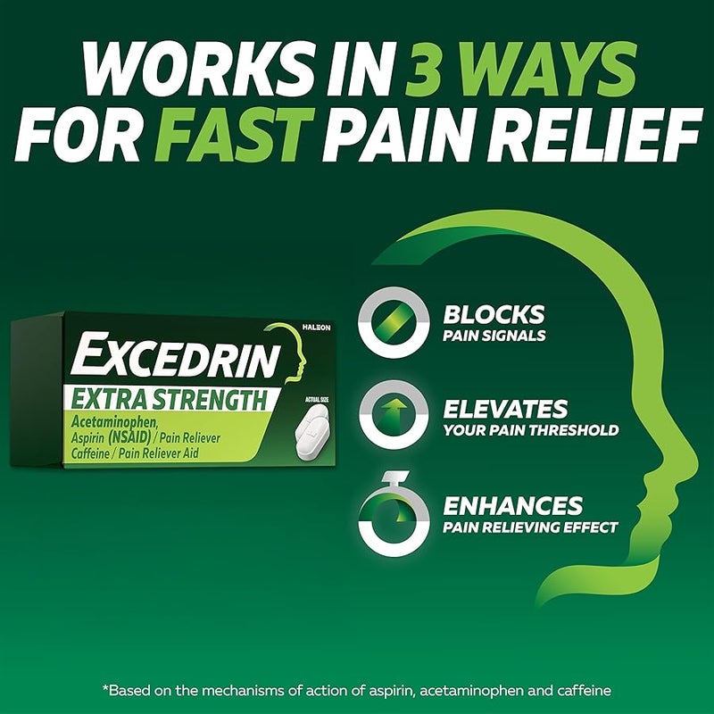 EXCEDRIN Extra Strength Pain Relief Caplets for Headache Relief, Acetaminophen 250mg, Aspirin 250mg, Caffeine 65mg, Pain Reliever, 200 Count - Image 2