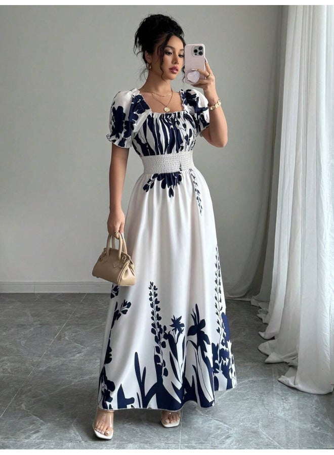 فستان أبيض صيفي بأكمام منفوخة عالية الخصر مطبوع بحبال متأرجحة