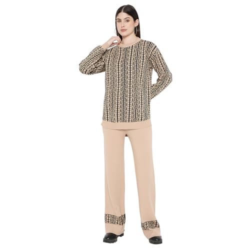 CAMEY Women's Long Sleeve Round Neck Woolen Co-Ord Set (Beige, Free Size), Checkered - Image 1