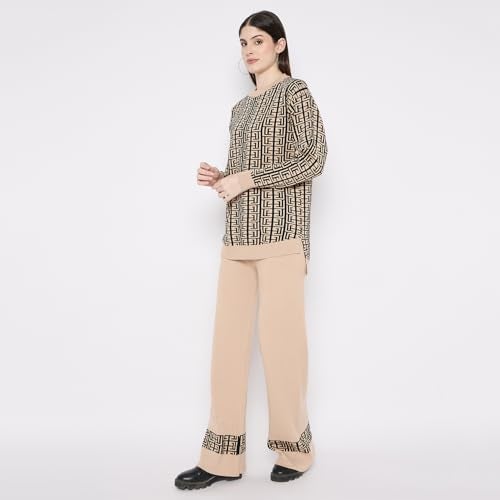 CAMEY Women's Long Sleeve Round Neck Woolen Co-Ord Set (Beige, Free Size), Checkered - Image 3