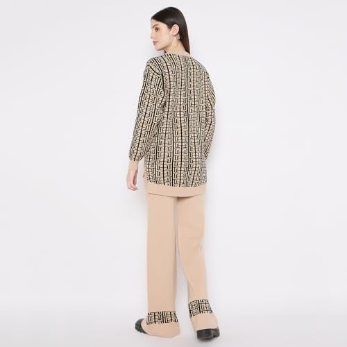 CAMEY Women's Long Sleeve Round Neck Woolen Co-Ord Set (Beige, Free Size), Checkered - Image 5