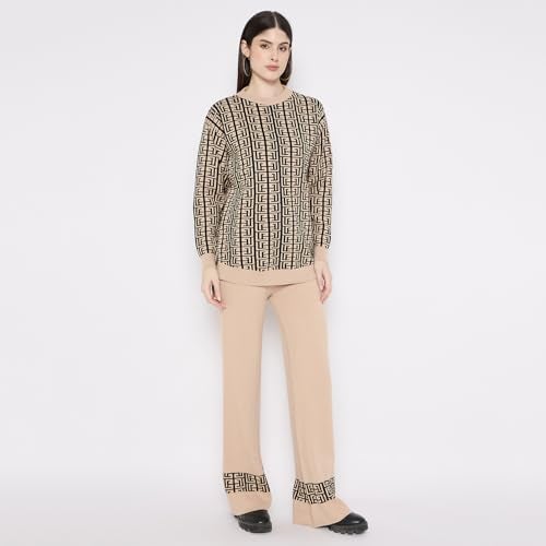 CAMEY Women's Long Sleeve Round Neck Woolen Co-Ord Set (Beige, Free Size), Checkered - Image 4