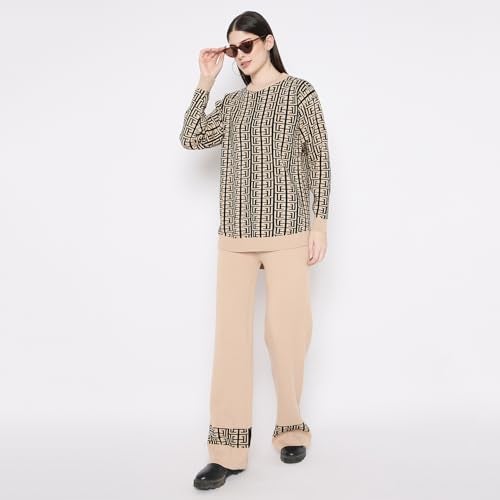 CAMEY Women's Long Sleeve Round Neck Woolen Co-Ord Set (Beige, Free Size), Checkered - Image 2