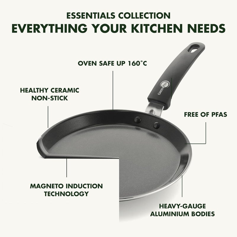 Greenpan Essentials Healthy Ceramic Non-Stick 28 cm Pancake Crepe Pan, PFAS Free, Induction, Oven and broiler safe up to 160°C, Dishwasher Safe, Black - Image 4
