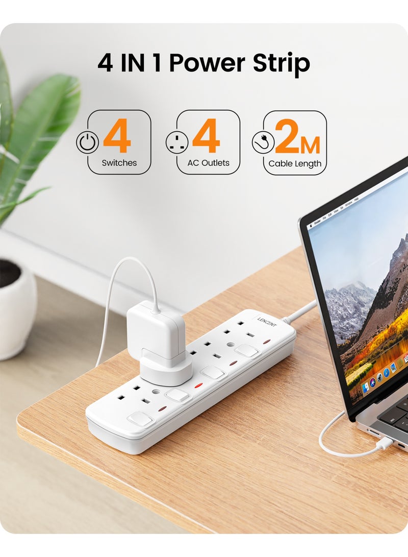 Lencent 4 Way Extension Lead UK 3 Pin Grounded Socket Outlets Power Strips Plug Extension with 2-Meter Extension Cord Cable with Individual Switches - Image 2