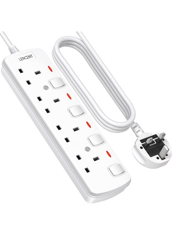 Lencent 4 Way Extension Lead UK 3 Pin Grounded Socket Outlets Power Strips Plug Extension with 2-Meter Extension Cord Cable with Individual Switches - Image 1