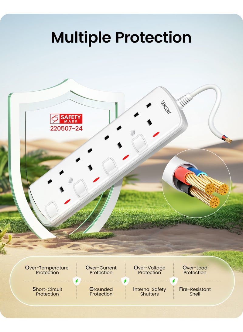 Lencent 4 Way Extension Lead UK 3 Pin Grounded Socket Outlets Power Strips Plug Extension with 2-Meter Extension Cord Cable with Individual Switches - Image 3