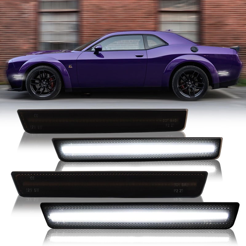 DERMOKA White LED Side Marker Lights Bumper Parking Signal Lamps for 20152023 Dodge Challenger 4PCS Smoked Len