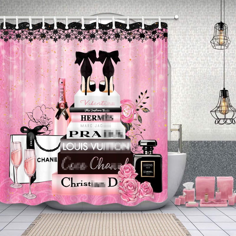 Bkyedsa Fashion Luxury Girly Shower Curtain Pink Floral Black Perfume Shower Curtains Waterproof Polyester Fabric Shower Curtains for Bathroom Decor with 12 Hooks 72 x 72 Inches