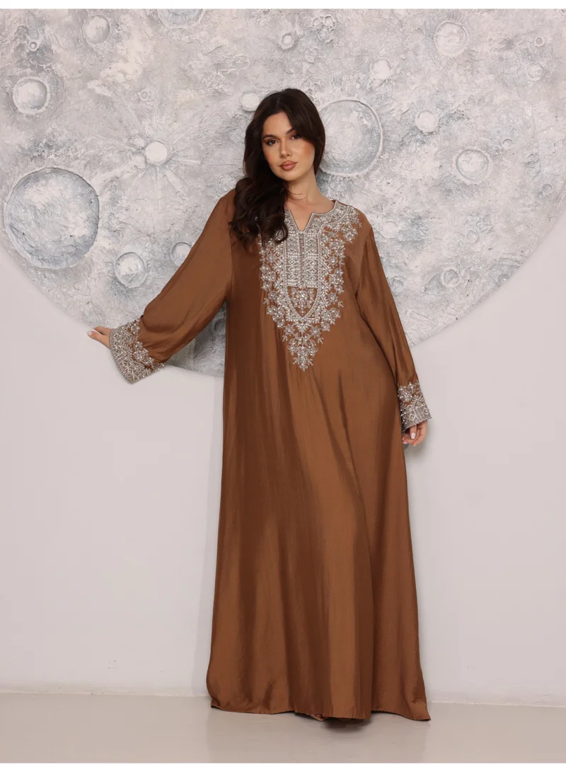 IKKXA IKKXA Regal Silver Threaded Jalabiya IK6043 Brown