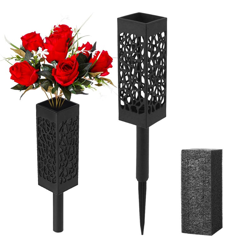 Bocola Cemetery Artificial Flower Vase with Foam for Grave Decorations 2 Headstones Fake Floral Holder with Spike Outdoor Tombstone Markers Memorials 