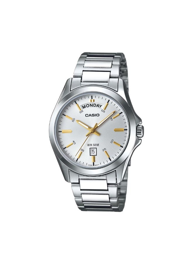 Casio MTP-1370D-7A2VDF Men’s Analog Watch – White Dial with Gold Accents, Silver Stainless-Steel Bracelet, Day & Date Display, Classic Elegant Design - Image 1
