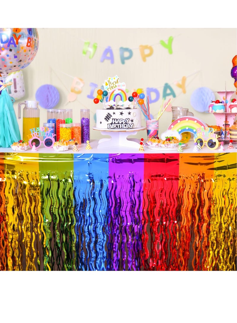 Vibrant Rainbow Table Skirts for Parties, 2 Pack Metallic Tinsel Fringe, Ideal for Birthdays, Weddings, Engagements, and Celebrations  - Image 3