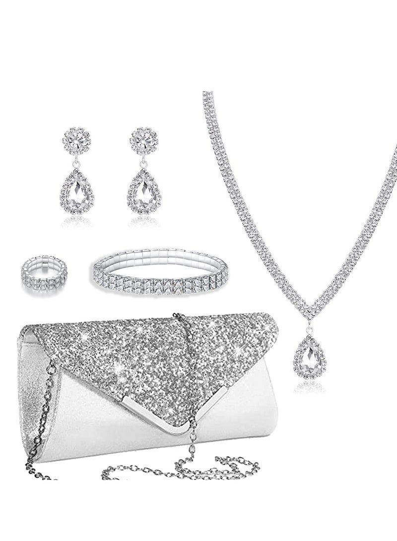 DUNISO 6Pcs Clutch Bag Rhinestone Jewelry Set with Necklace Earrings Bracelets Ring Rhinestone Purse Bag Glitter Evening Bag Wedding Bridal Bridesmaid Costume Jewelry Set for Women and Girls Dress Accessorie - Image 1