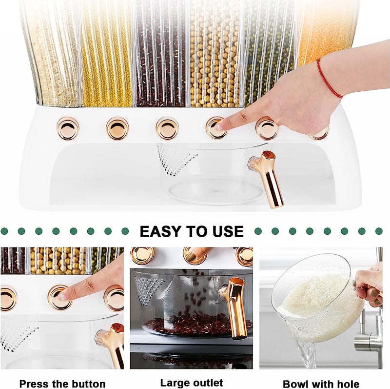 KEYOZA KEYOZA 10KG Wall Mounted Divided Rice and Cereal Dispenser 6 Moisture Proof Plastic Automatic Racks Sealed Food Storage Box  - Image 5