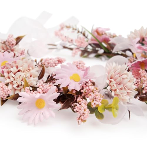 Radhu & Kabby Soft Pink Floral Hair Tiara for Women | Delicate Artificial Flowers with Organza Ribbon | Dreamy Crown for Weddings, Baby Showers, Photoshoots & All Occasions | 1 Pc - Image 5