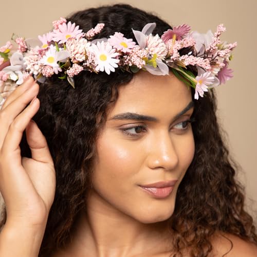 Radhu & Kabby Soft Pink Floral Hair Tiara for Women | Delicate Artificial Flowers with Organza Ribbon | Dreamy Crown for Weddings, Baby Showers, Photoshoots & All Occasions | 1 Pc - Image 4