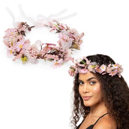 Radhu & Kabby Soft Pink Floral Hair Tiara for Women | Delicate Artificial Flowers with Organza Ribbon | Dreamy Crown for Weddings, Baby Showers, Photoshoots & All Occasions | 1 Pc - Image 2