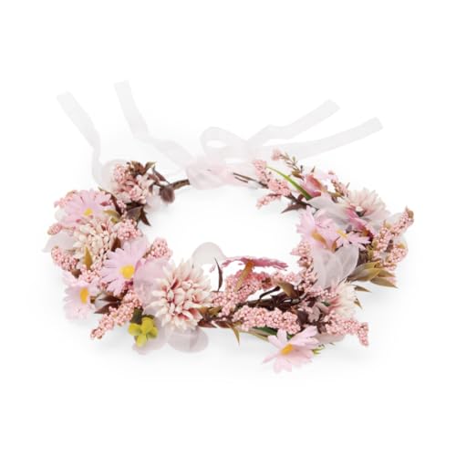 Radhu & Kabby Soft Pink Floral Hair Tiara for Women | Delicate Artificial Flowers with Organza Ribbon | Dreamy Crown for Weddings, Baby Showers, Photoshoots & All Occasions | 1 Pc - Image 1