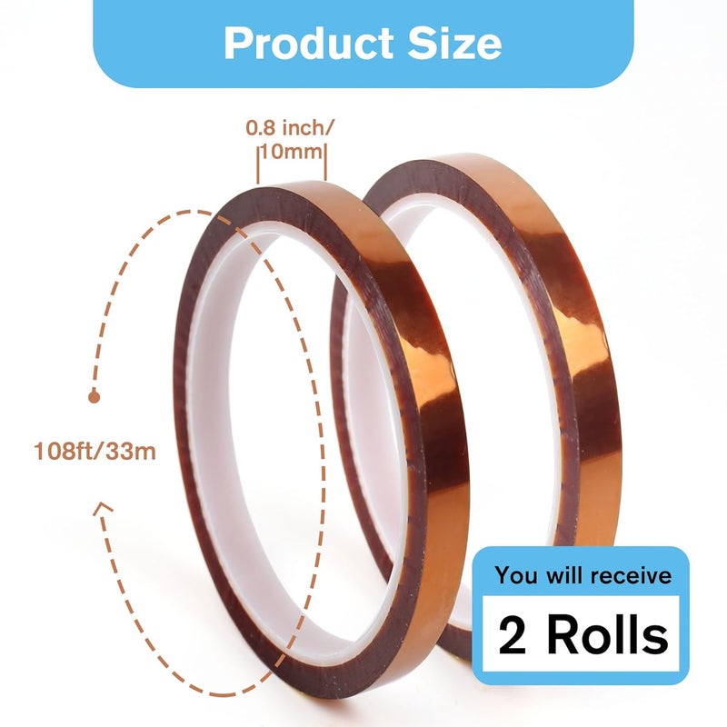 A-SUB Heat Resistant Tape 2 Rolls 10mmX33m (108FT) for Sublimation Heat Press, No Residue Heat Transfer High Temperature Tape - Image 2